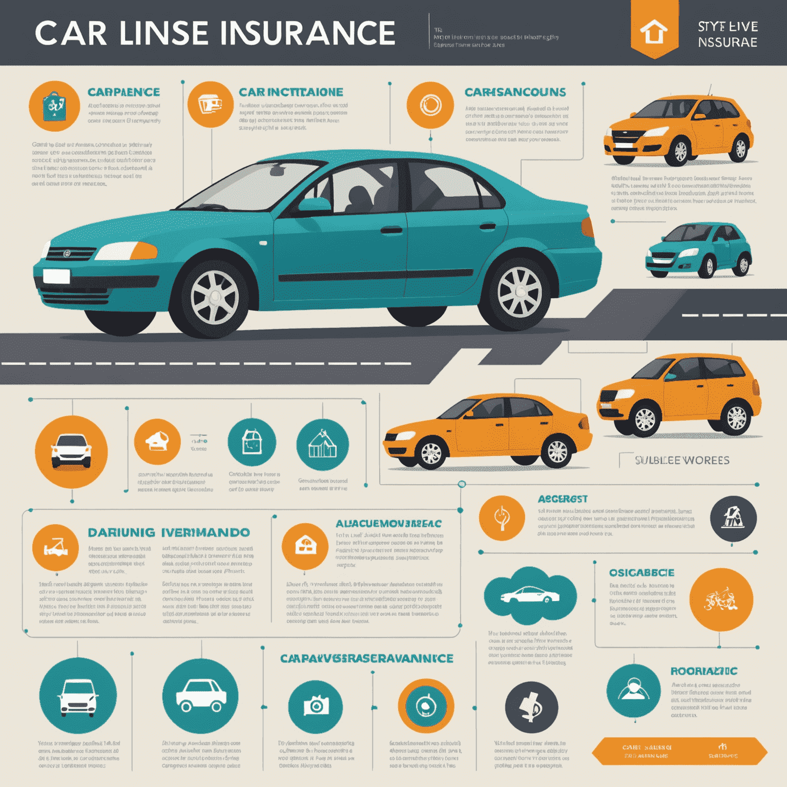 Een infographic die de basisconcepten van autoverzekering illustreert, met pictogrammen voor verschillende dekkingstypen en een eenvoudige stroomdiagram van het verzekeringsproces.