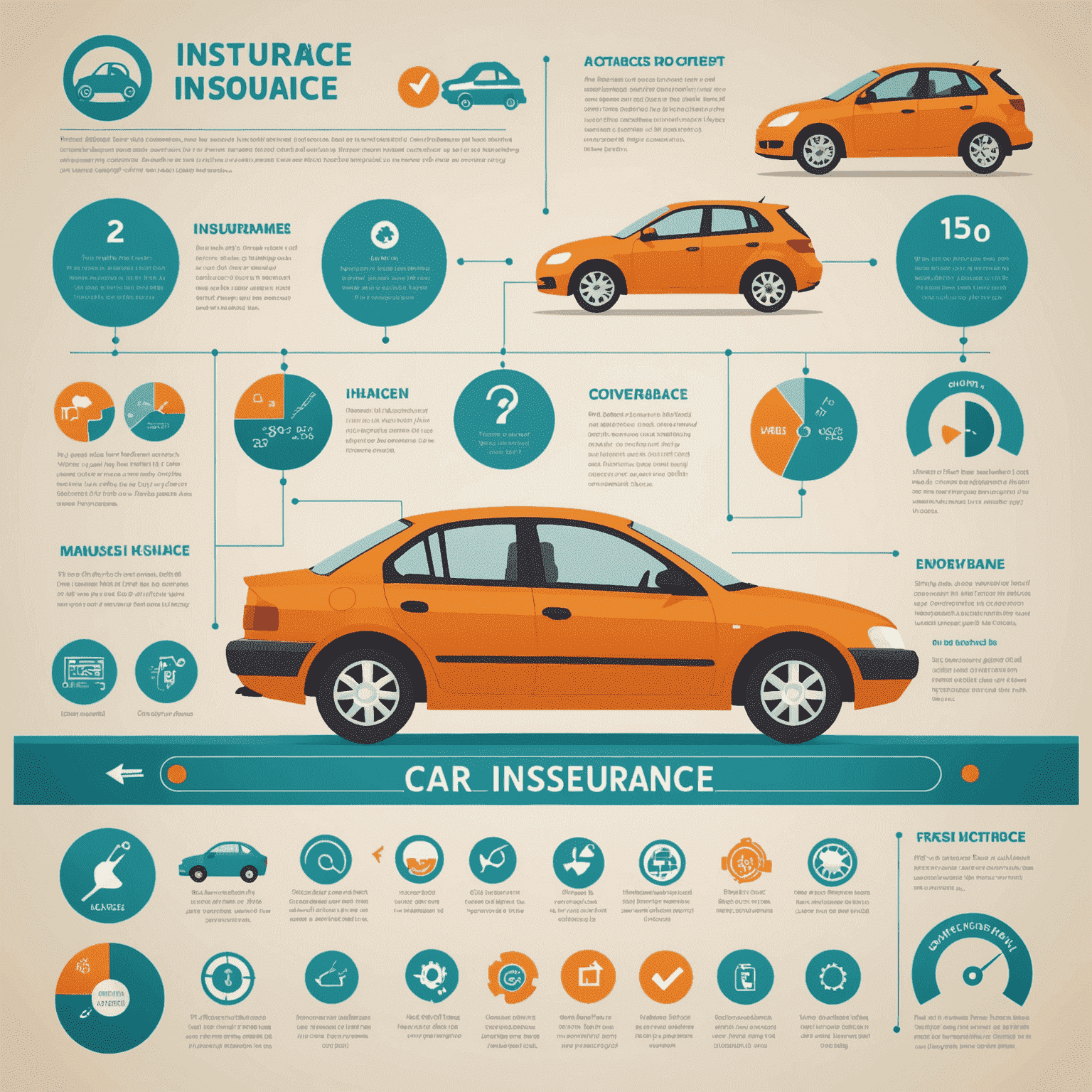 Een infographic die de basisconcepten van autoverzekering illustreert, met pictogrammen voor verschillende dekkingstypen en een eenvoudige stroomdiagram van het verzekeringsproces.