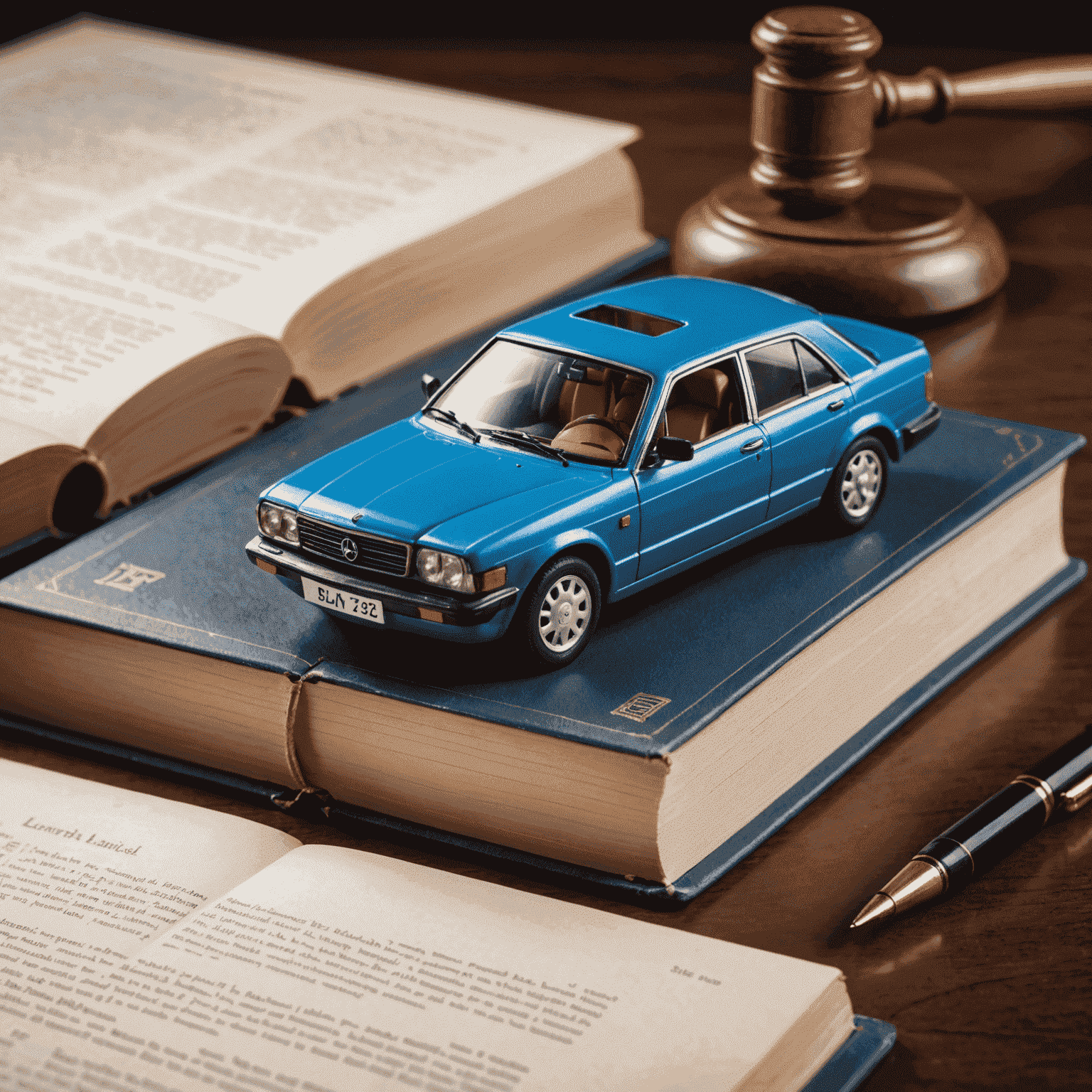 Een afbeelding van een wetboek met een miniatuur auto erop, wat de Nederlandse wetgeving rond autoverzekeringen symboliseert.